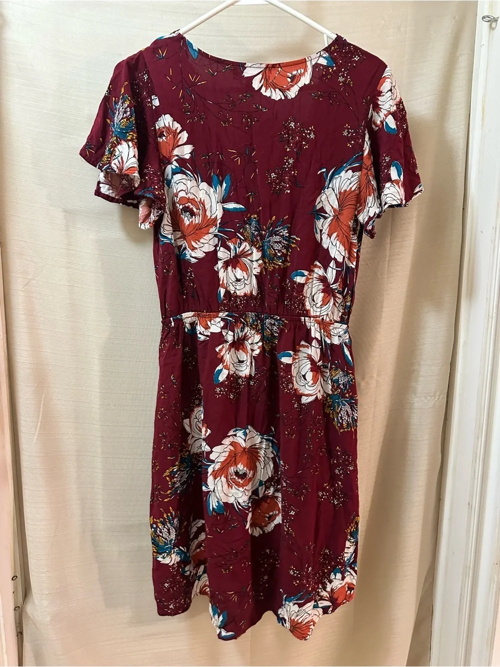 Band of Gypsys Large Floral Wrap Style Mini Dress Burgundy Boho Viscose - Picture 7 of 7